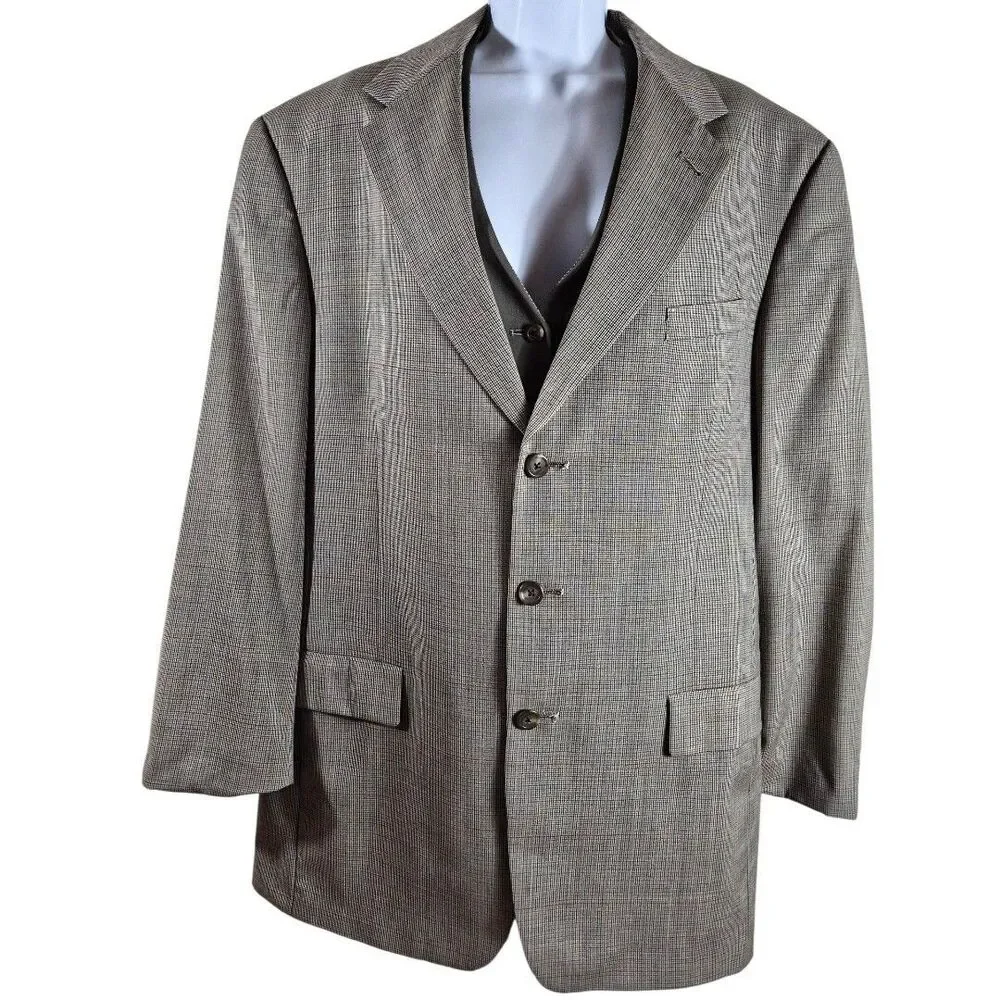 Vtg Tommy Hilfiger 42L Brown Houndstooth 3Pc Suit Set Old Money Academia Wedding